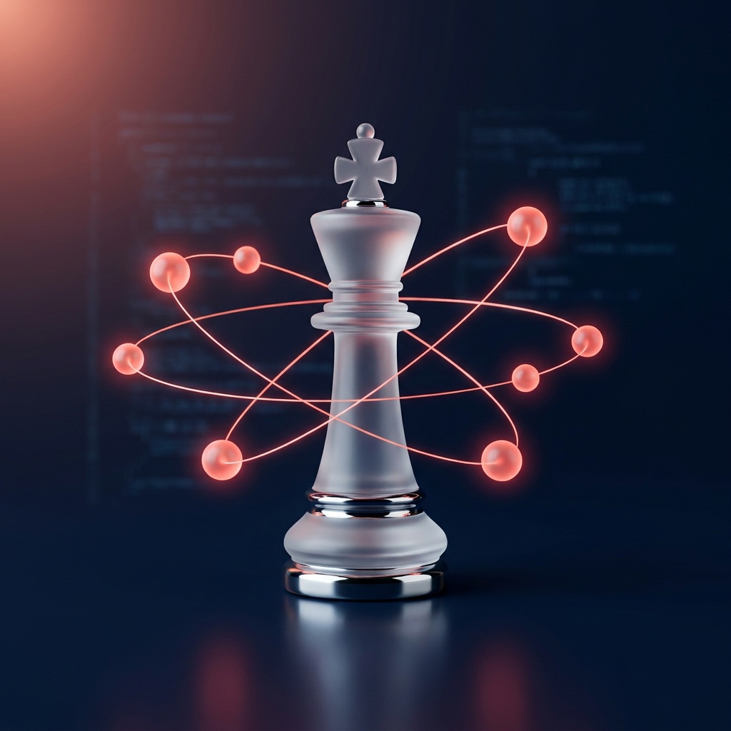 A dark chess king surrounded by orbiting glass orbs, representing one accountable operator directing a system of specialized agents