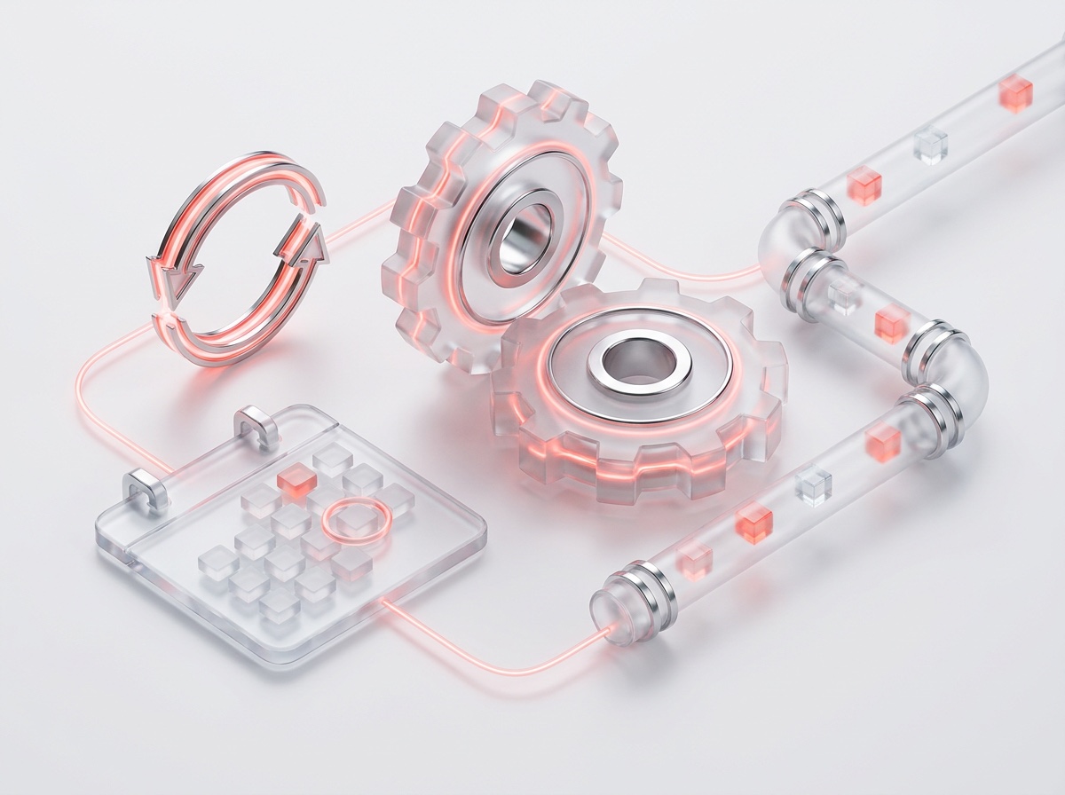 Frosted-glass 3D render of interlocking gears, a scheduling board, and pipelines carrying blocks — a metaphor for a controlled content production system