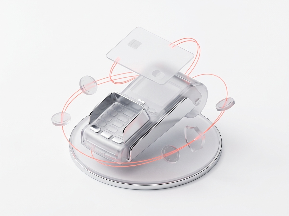Frosted-glass 3D render of a payment terminal, bank card, and coins linked by coral orbit lines — a metaphor for connecting marketing activity to commercial outcomes