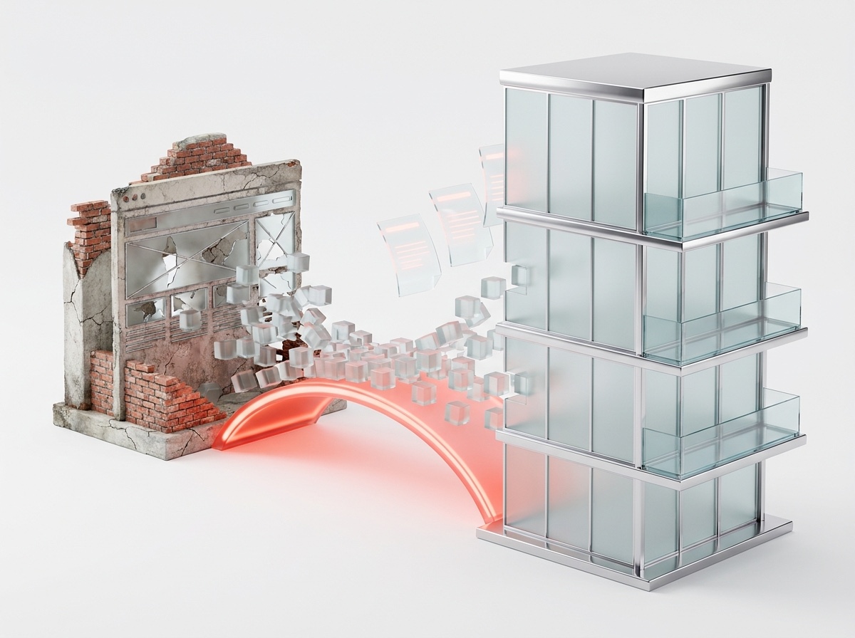 An older structure transforming into a new, lighter one, representing the shift from the traditional agency model to an operator-plus-agents system